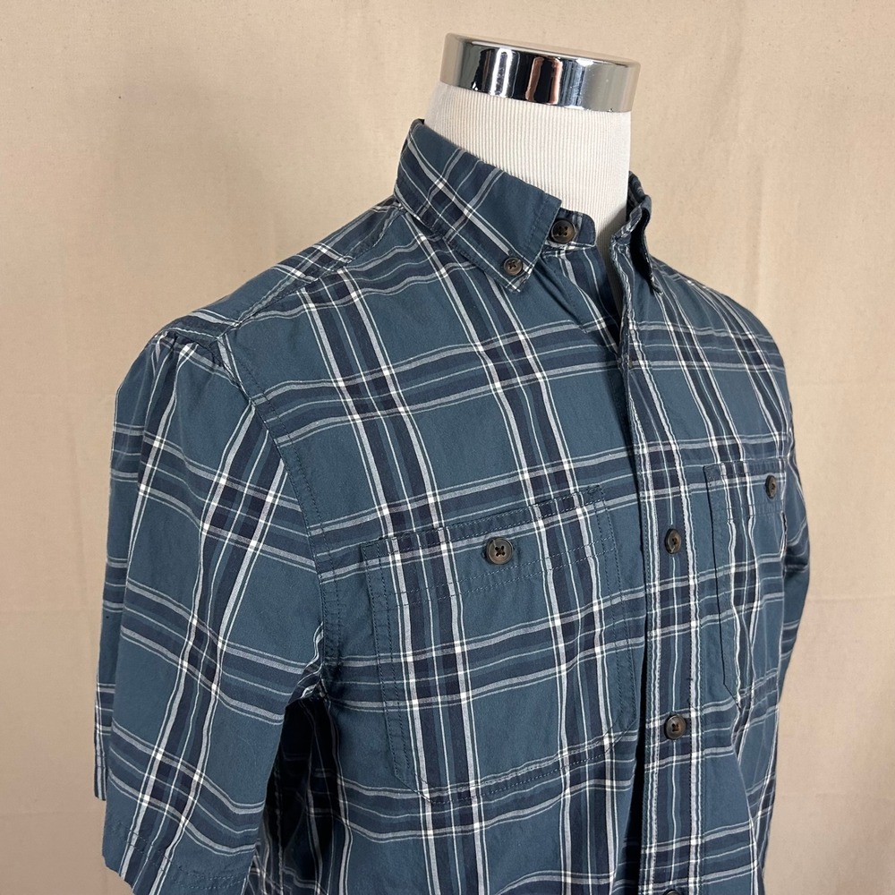 Duluth Trading Co 40 Grit Small Standard Fit Shirt Blue Plaid Short Sleeve Mens